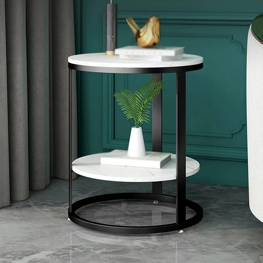 Two Tire Side Table, Black and stone Top