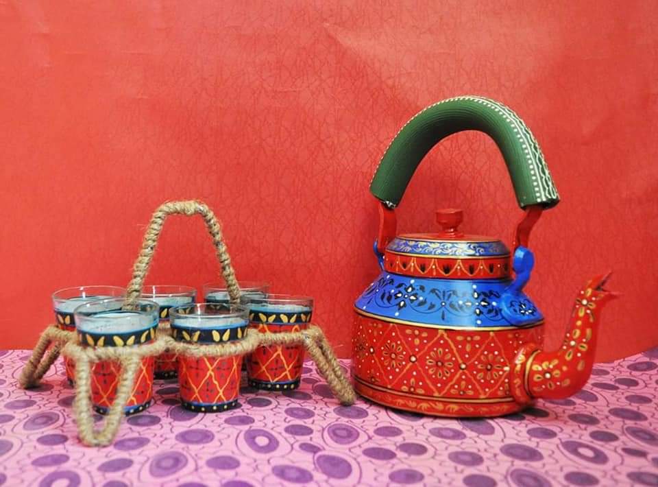 Artistic Elegance Hand Painted Tea Kettle set, Yellow and Orange