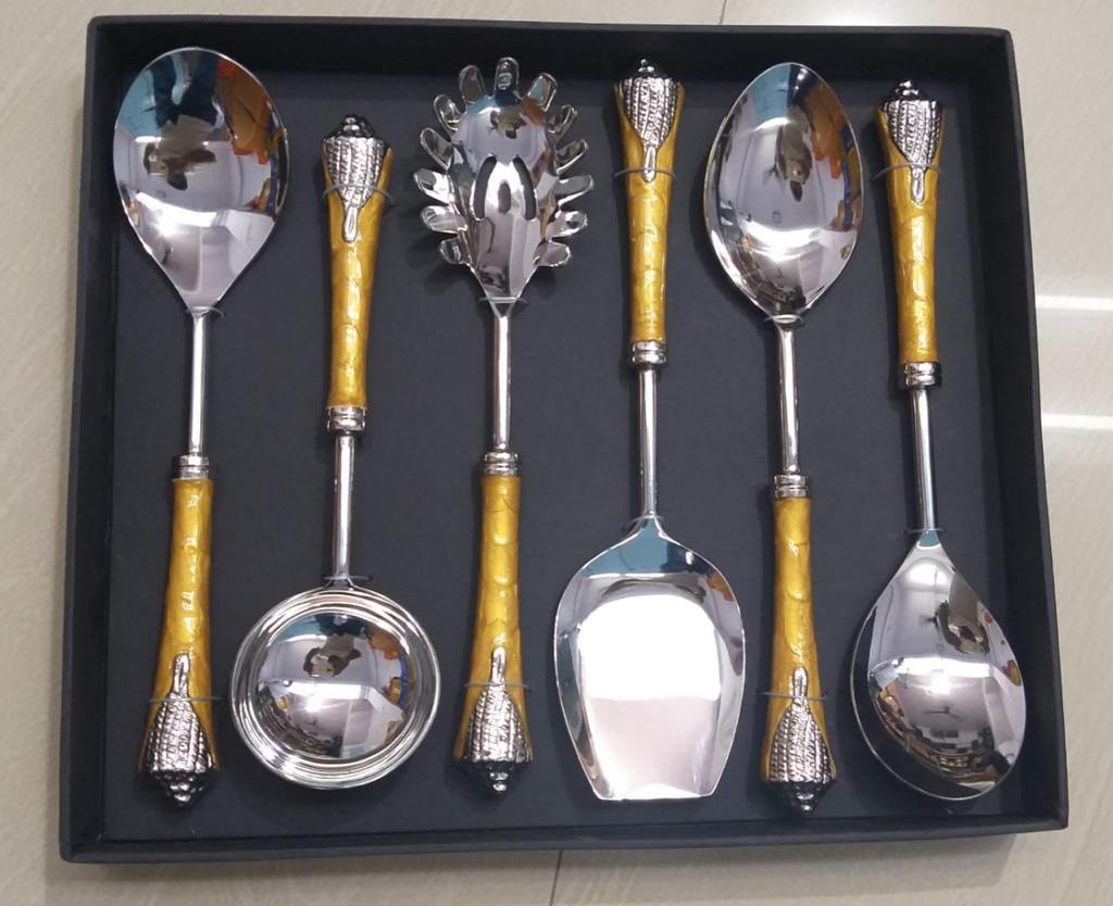 Taj Stainless Steel Serving Spoons With Brass Handle set of 6pcs