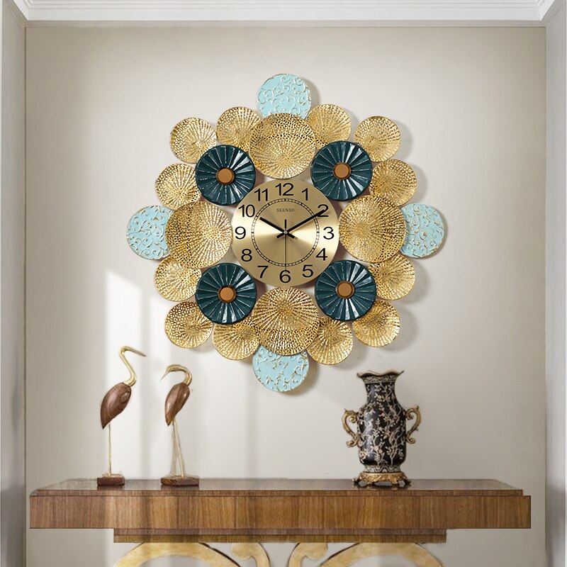 PC Home Decor | Metal Floral Wall Clock, Gold and Green