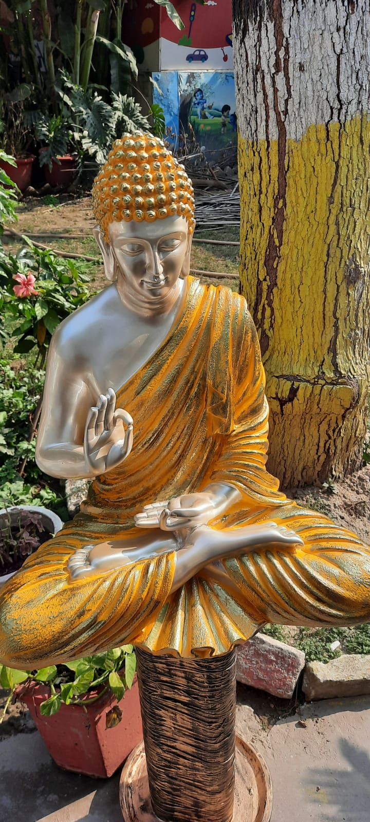 PC Home Decor | Silver Sitting Buddha, Orange and Silver