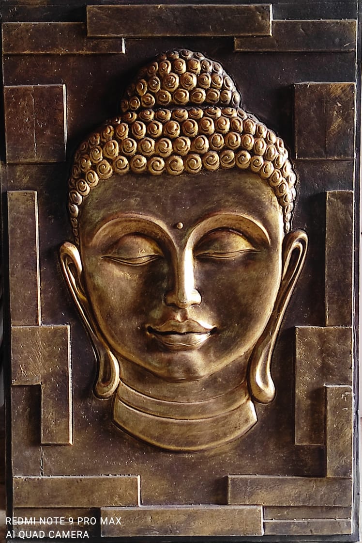 Large Buddha Face Fibre Wall Painting, Bronze