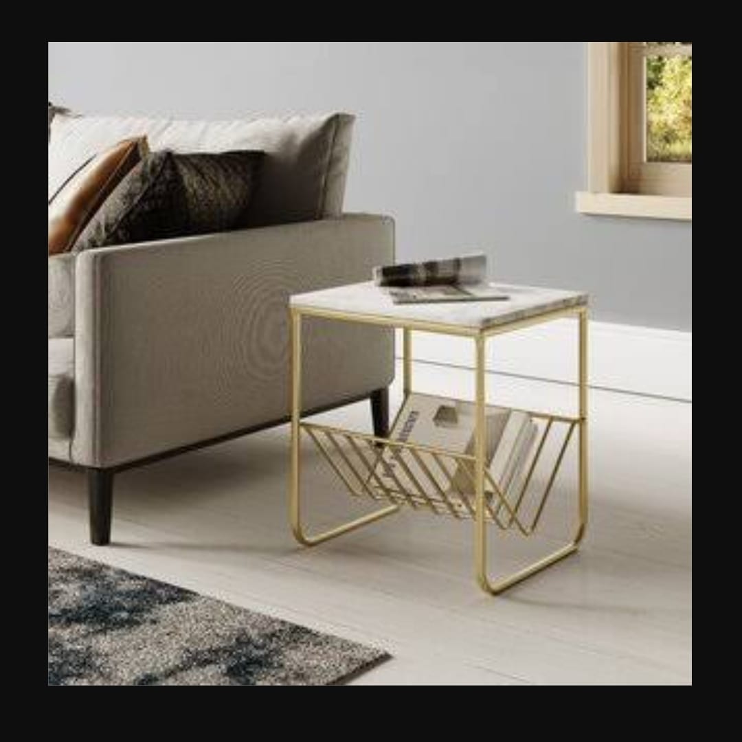 PC Home Decor | Metal Side Basket Table with Marble Top, White and Gold
