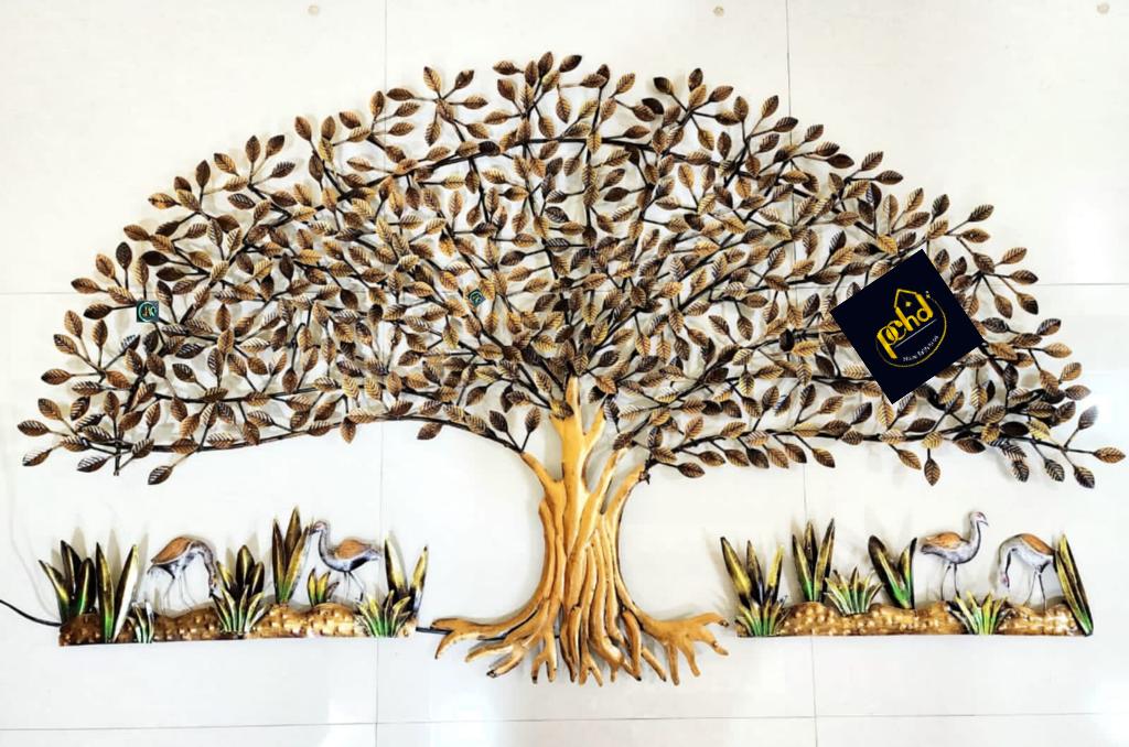 Handpainted Copper Golden Polished Tree With Cranes Wall Decor