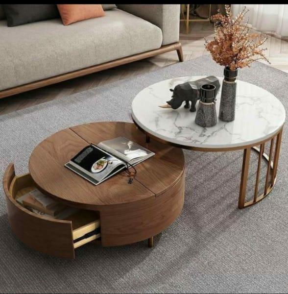 Modern Round Centre Table With Drawer amd storage , Brown and White