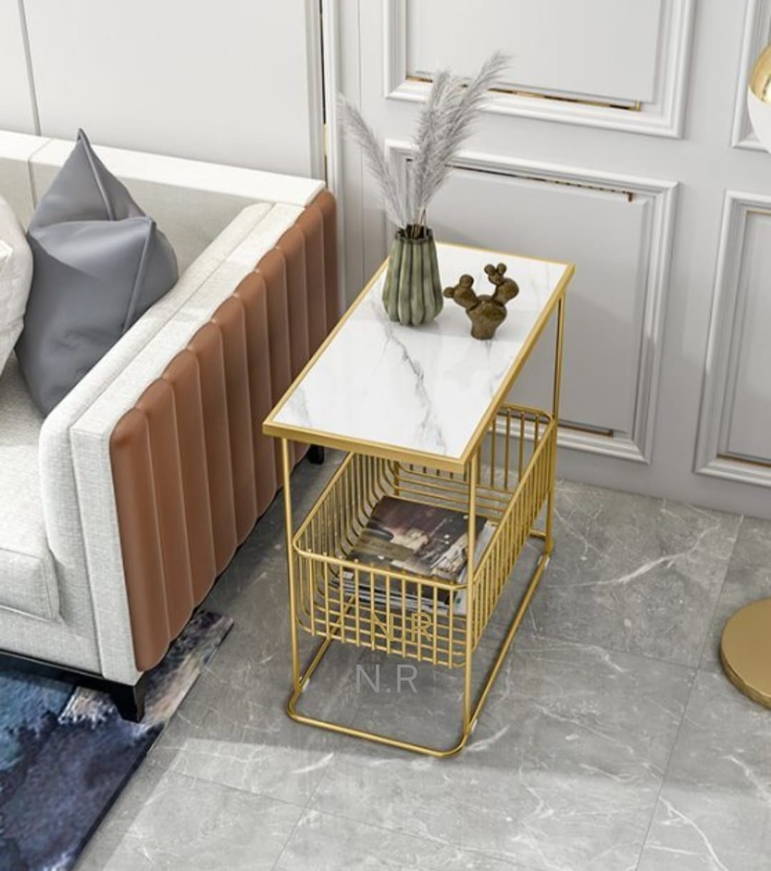 PC Home Decor | Rectangular Side Table With Basket and Marble Top, White and Gold