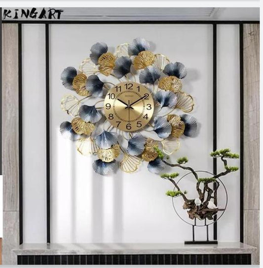 PC Home Decor | Large Metal Floral Wall Clock, Gold and Blue