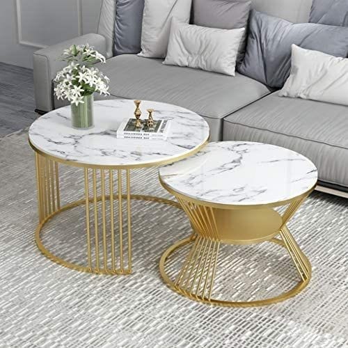 PC Home Decor | Round Nesting Centre Table, White and Gold