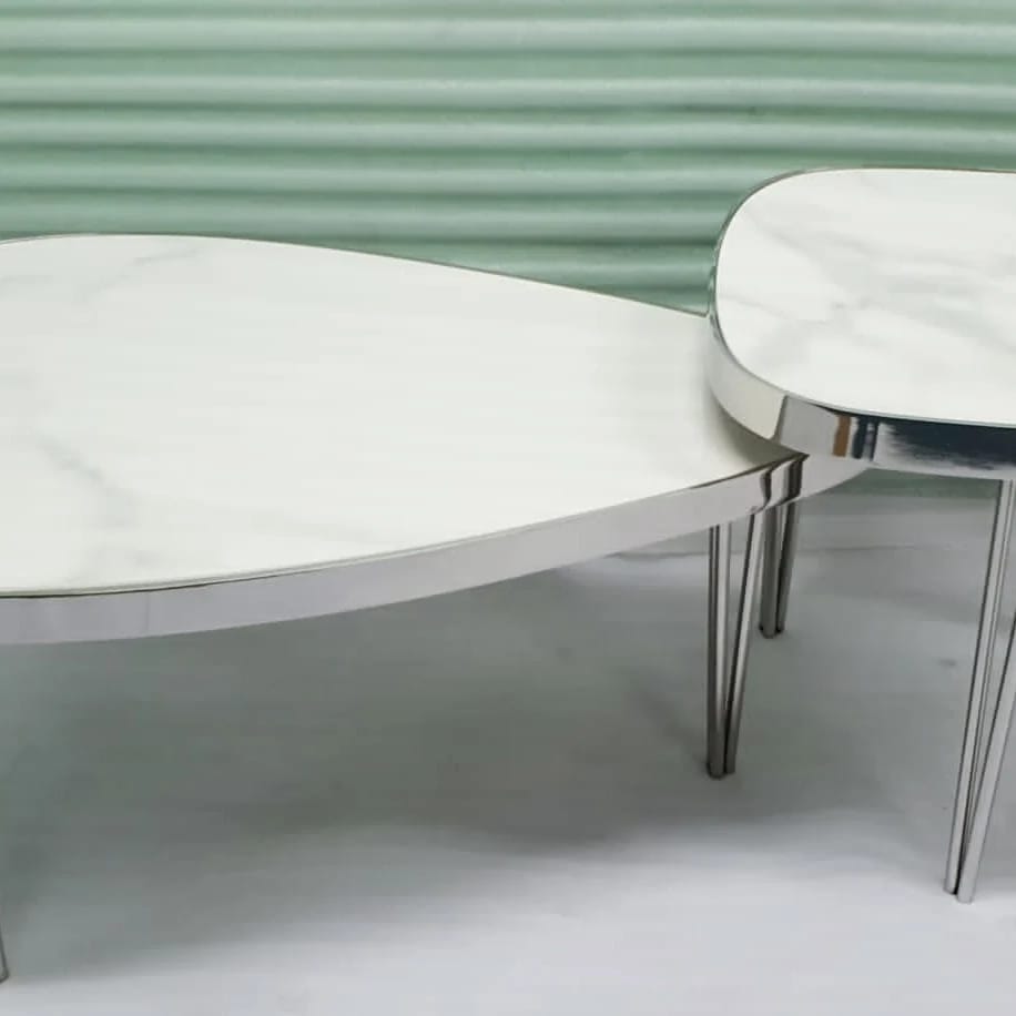 PC Home Decor | Set of 2 Steel Center Coffee Table with White Marble Top, Steel and White