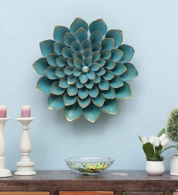 Metal Flower in Blue color Wall Art for Living Room, Guest Room, Hotel Decoration | Wall Hanging Decor Art