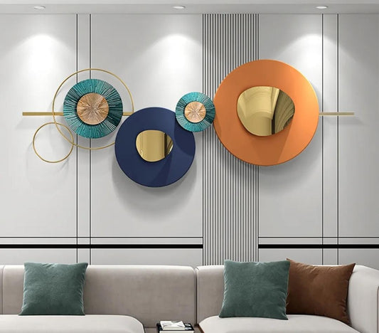 Modern Circular Metal Wall Art, Blue and Orange