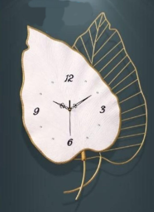 PC Home Decor | Metal Leaf Wall Clock, White & Gold