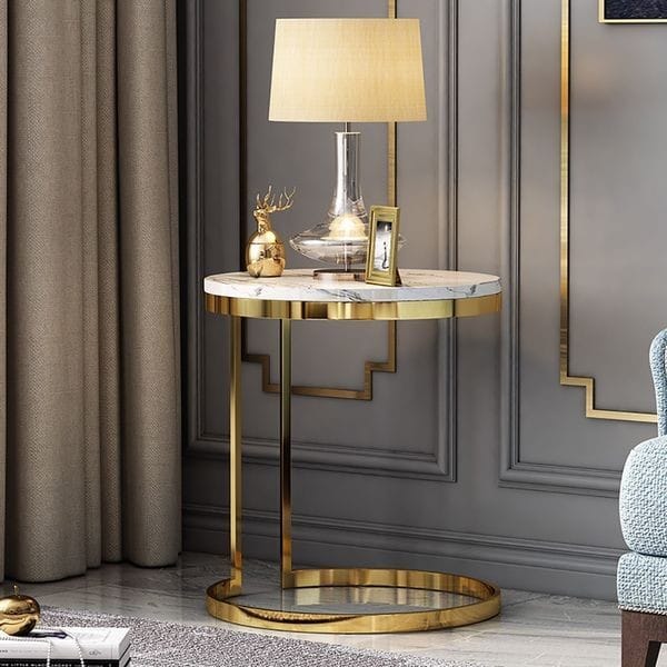 Black/White Round Marble Side Table With Gold Stainless Steel Frame