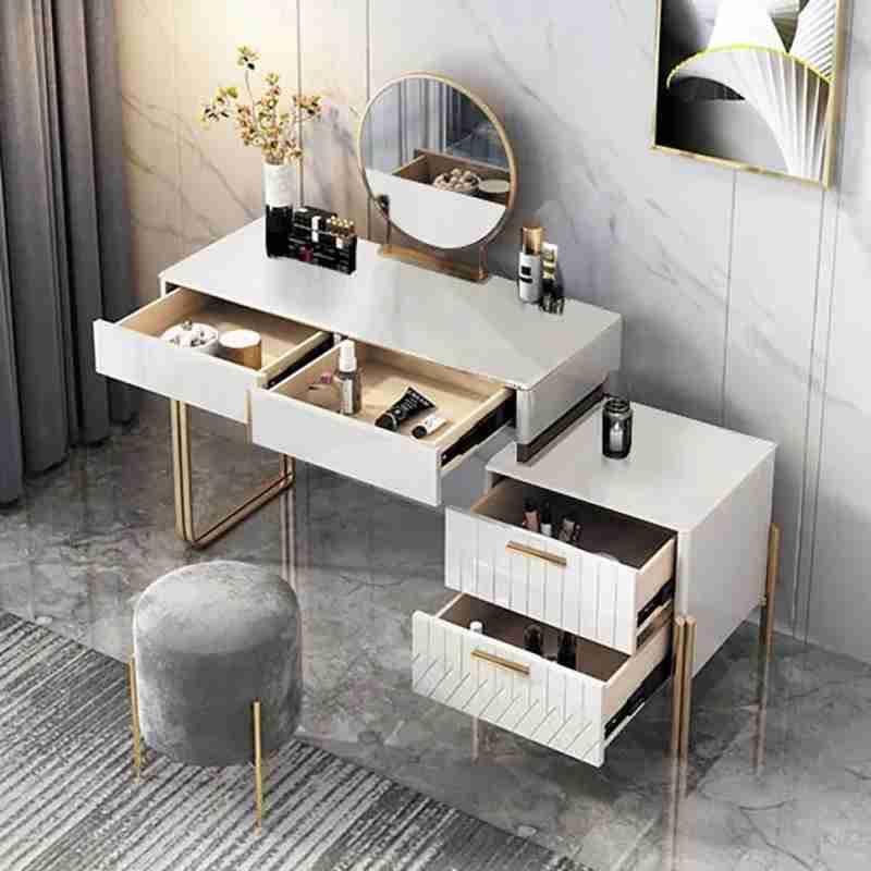 Buy Unique Dressing Table With Side Storage And Puff For Bedroom, White | Gold PC HOME DECOR Buy Unique Dressing Table With Side Storage And Puff For Bedroom, White | Gold PC HOME DECOR