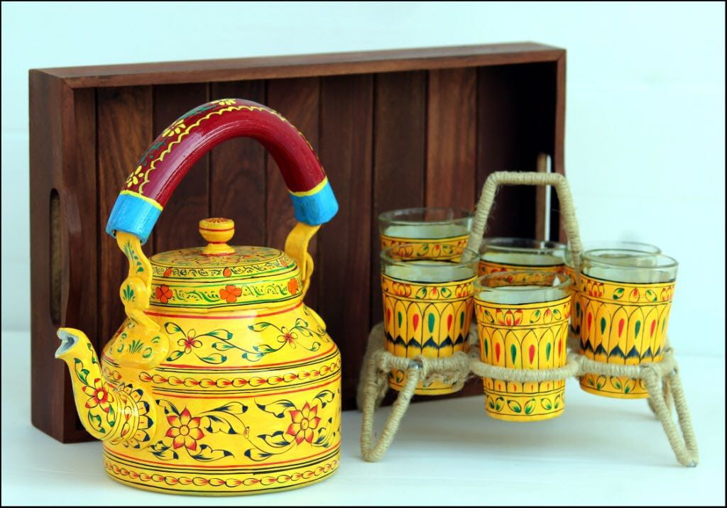 Artistic Elegance Hand Painted Tea Kettle set, Yellow and Orange