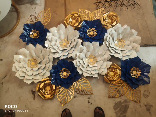 White, Blue and Golden Flower Wall Art