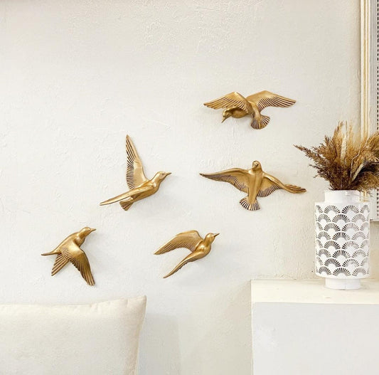 Metal Wall Art for Wall Decor (Aluminium Bird Wall Hanging Set Of 5) - Colors: Golden, White, Antique, Rose Gold