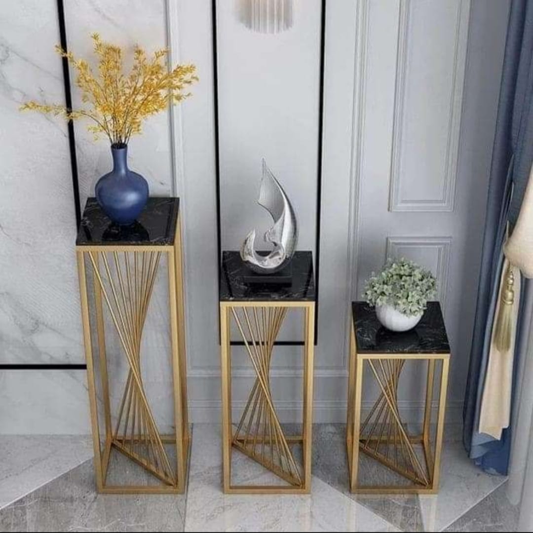 PC Home Decor | Set of 3 Twisted Pot Stand with Glass Top, Gold and black