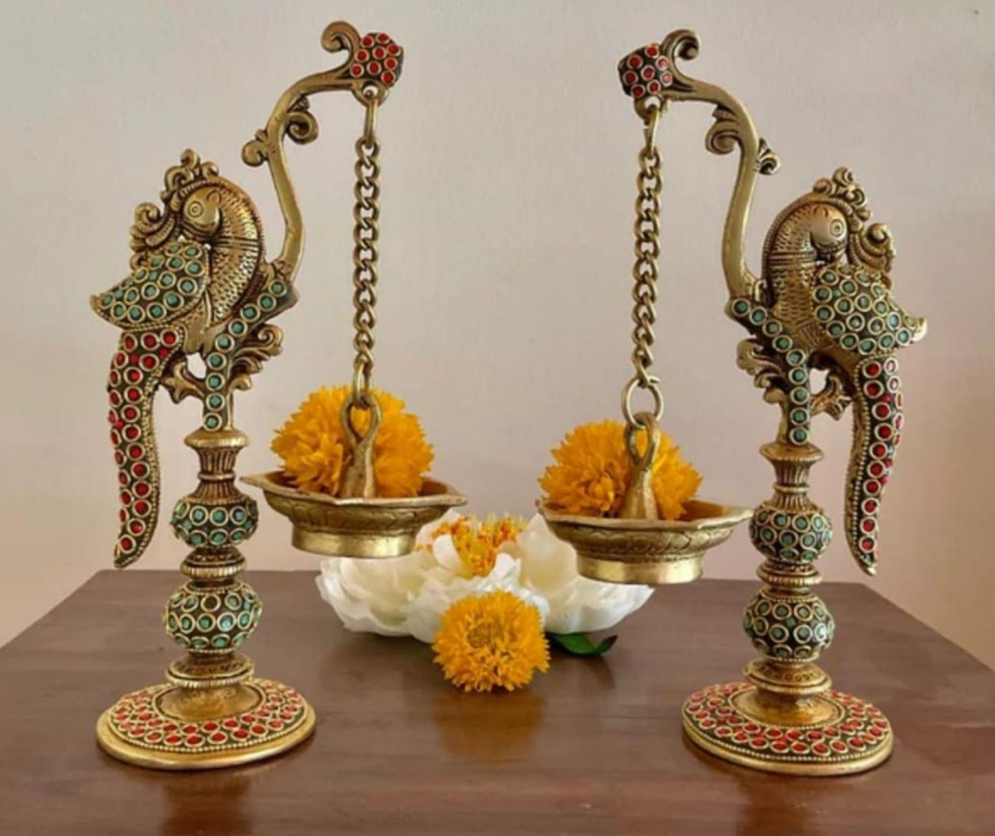 Brass Peacock Lamp With Stone Pair