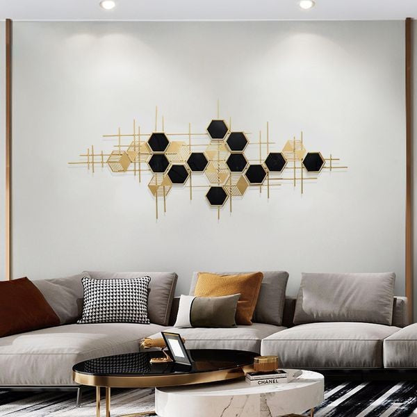 Modern Hexagonal Geometrical Metal Wall Art For Living Room | Black & Golden Geometric Wall Decor