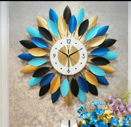 PC Home Decor | Sunflower with Blue Leaves Wall Clock, Gold