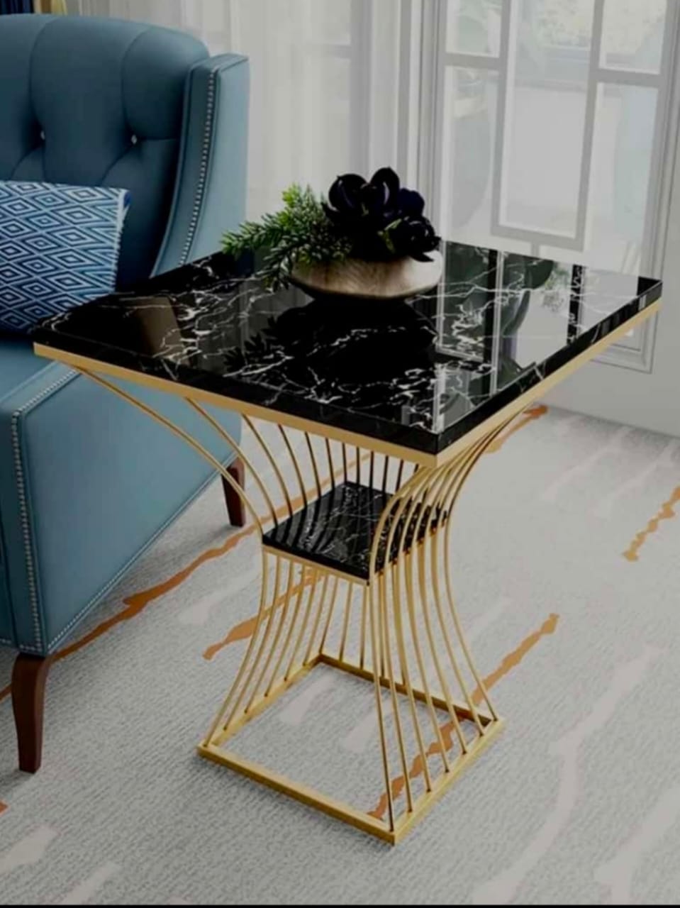 PC Home Decor | Metal Square Side Coffee Table with Marble Top, Gold