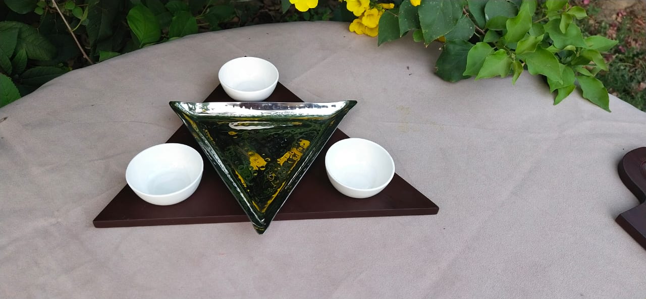 PC Home Decor | Triangle ShapedWooden platter with cup and trays