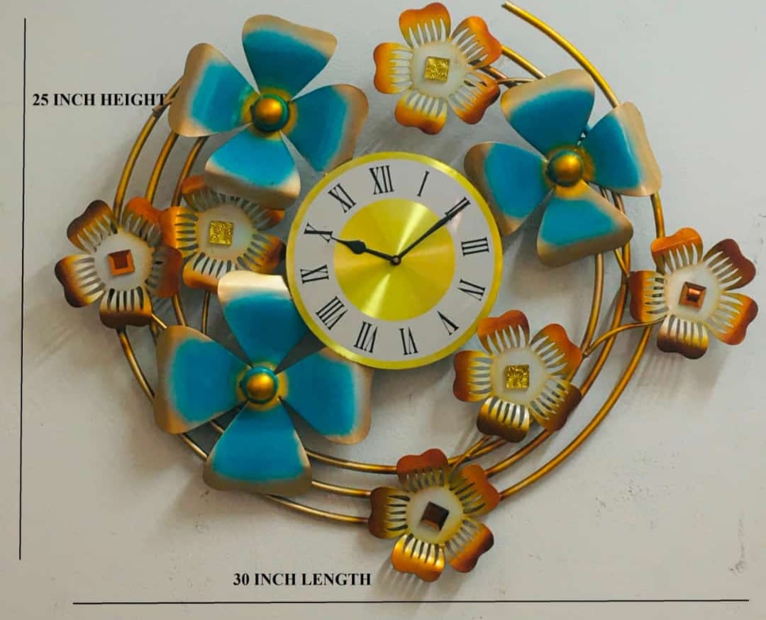 PC Home Decor | Small Metal Zingo Design Leaf Ring Clock, Blue and Yellow