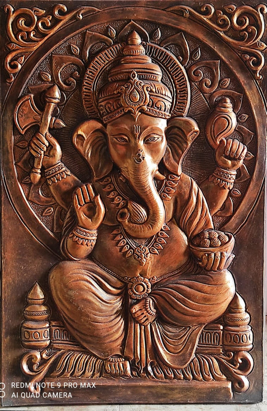 Antique Vintage 3D Fibre Ganesha Wall Painting For Home Decoration, Bronze