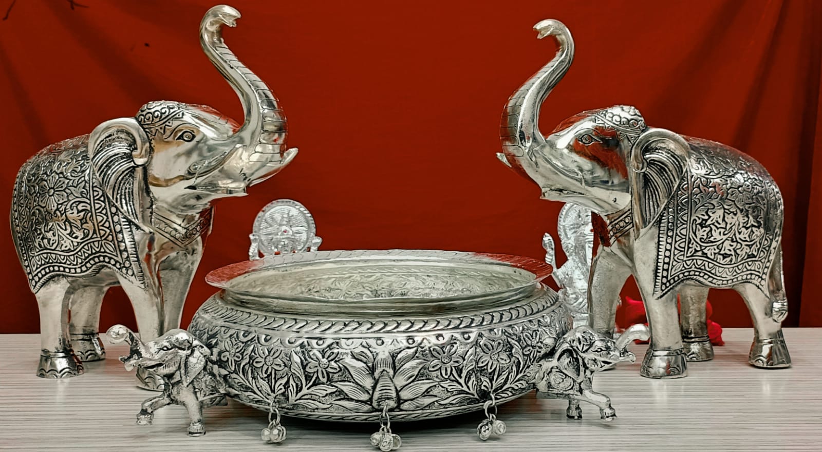 German Silver Elephant Pair With Urli