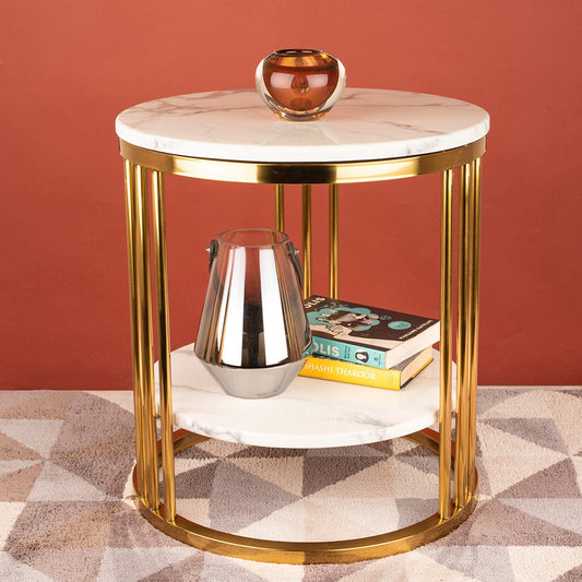 PC Home Decor | Steel Side Table With 2 Marble Top, Gold