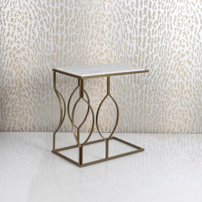 PC Home Decor | Rectangle Side Table with Marble Top, White and Gold