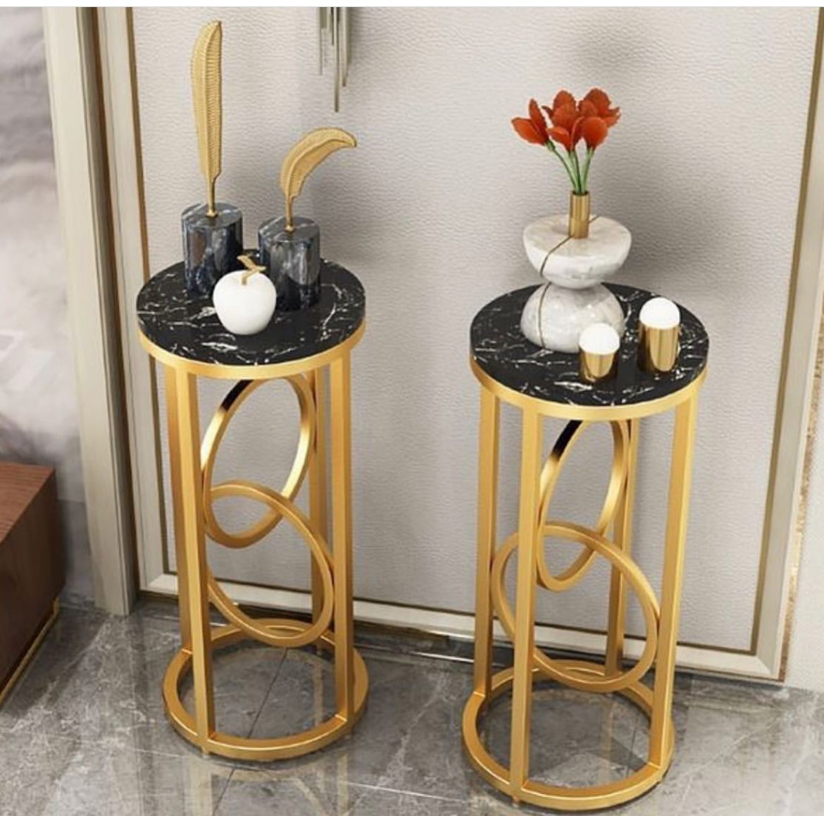 PC Home Decor | Black Marble Side Stool , Gold and Black