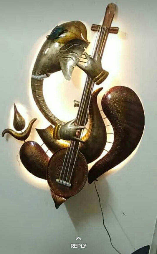 Spiritual Metal Ganesh Wall Art For Living Room | Sitar Playing Ganeshji Wall Decor