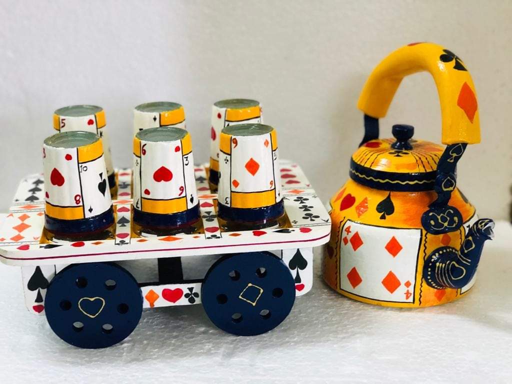 PC Home Decor | Hand Painted Indian Tea Kettle Set with 6 Glasses and Movable Cart, Navy Blue and Yellow