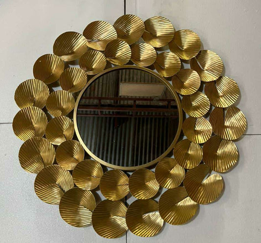 PC Decor | Gold Leaves Sunflower Design Metal Round Wall Mirror, Gold