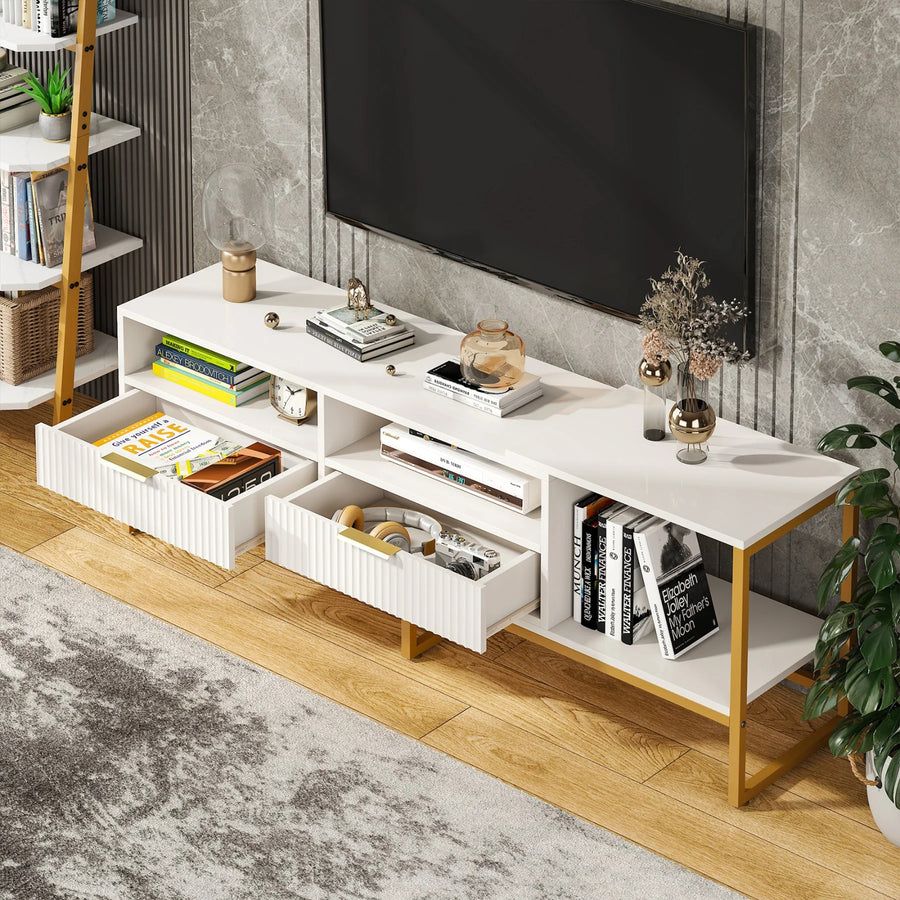 TV Cabinet | SS TV Stand | TV Unit Rectangular White Color Two Drawer Gold Finish