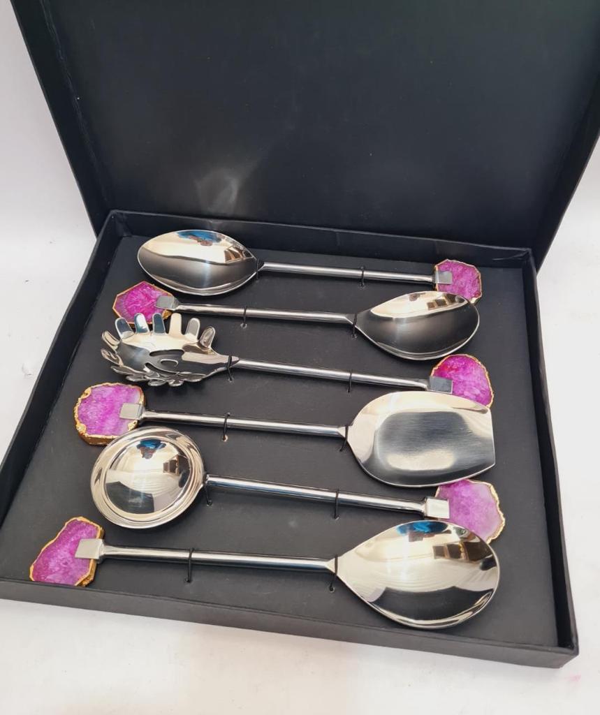 Stainless Steel Serving Cutlery Set With Agate Pink  Stone (Set of 6)