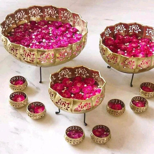 PC Home Decor | Set of 3 Lotus Urli set, Gold