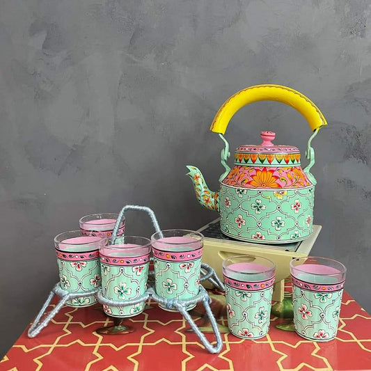 PC Home Decor | Hand Painted Indian Tea Kettle Set with 6 Glasses, Blue and Red, Green and Pink