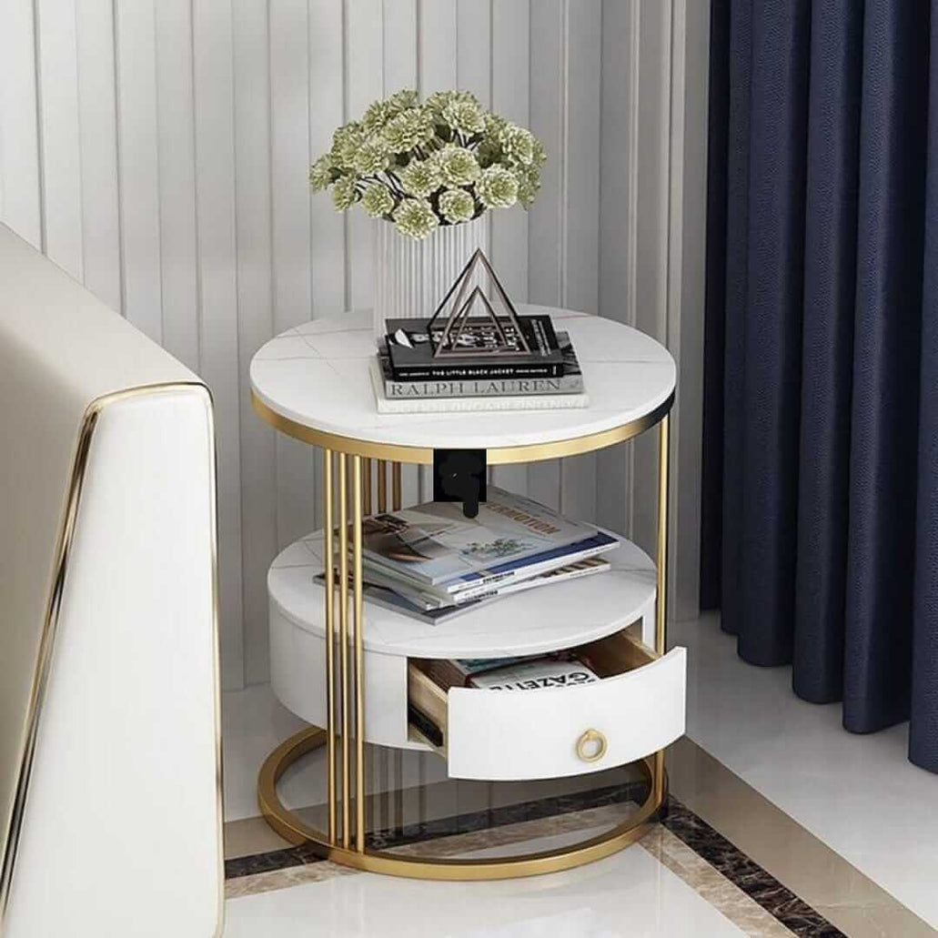 PC Home Decor | Steel Coffee Table with Drawer, Gold and White