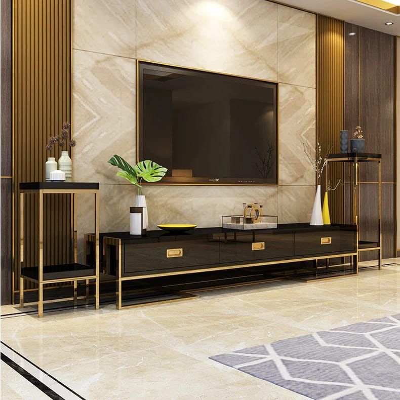 TV Cabinet | SS TV Stand | TV Unit With Black Top  Three Drawer Gold  Finish
