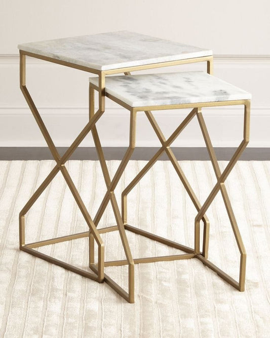 PC Home Decor | Set of 2 Marble Top Nesting Table, Gold and White