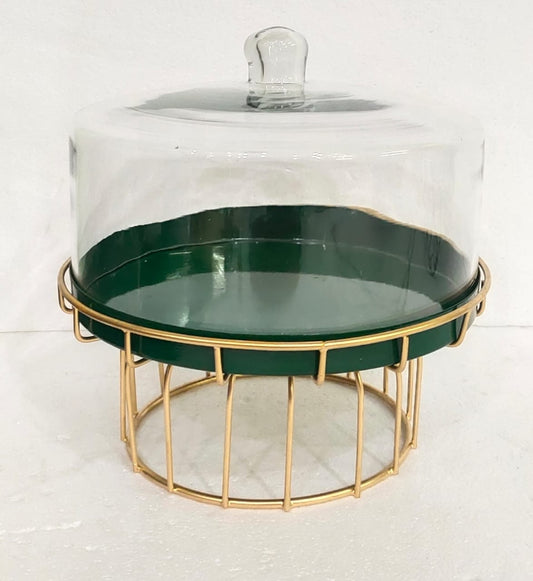 PC Home Decor | Metal Cake Stand with Glass Top, Green and Gold