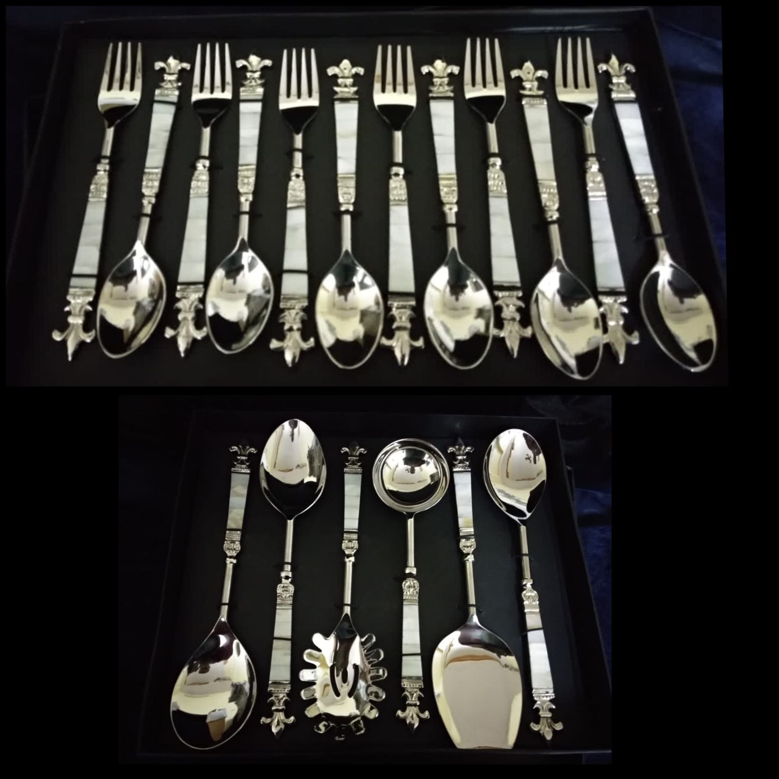 Mother Of Pearl Spoon Set With Flower Design (Serving Spoon 6pcs + Dinner Spoons 12 pcs )