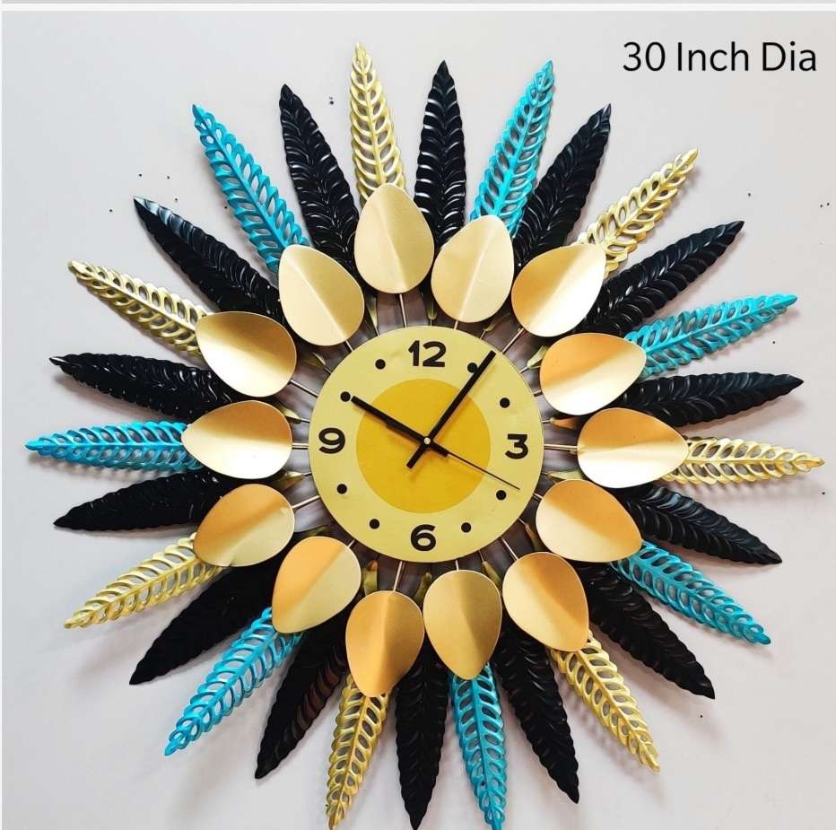 PC Home Decor | Large Metal Leaf Clock, Blue and Yellow