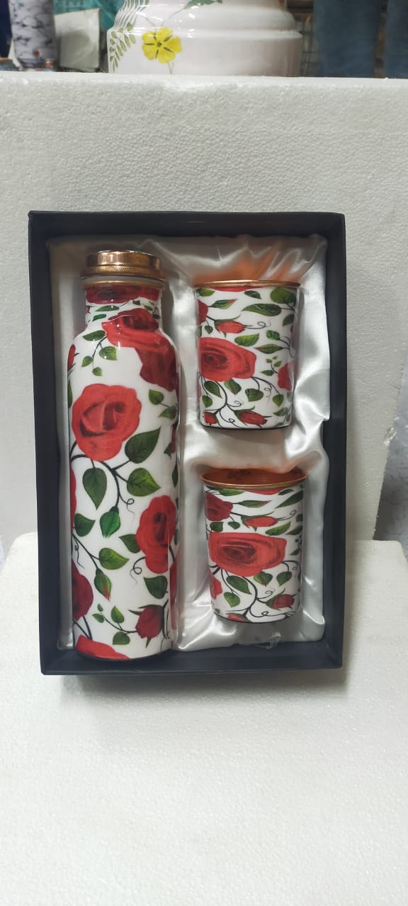 3 Piece Handpainted Copper Water Bottle and Glasses Set, Purple