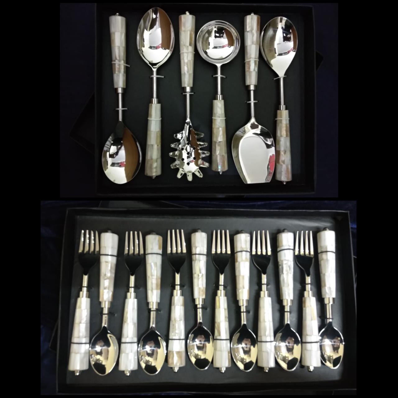 Serve Your Dinner With Mother OF Pearl Design Cutlery Now Available At Combo Discount (Serving Spoon 6pcs +Dinner Spoon 12pcs)