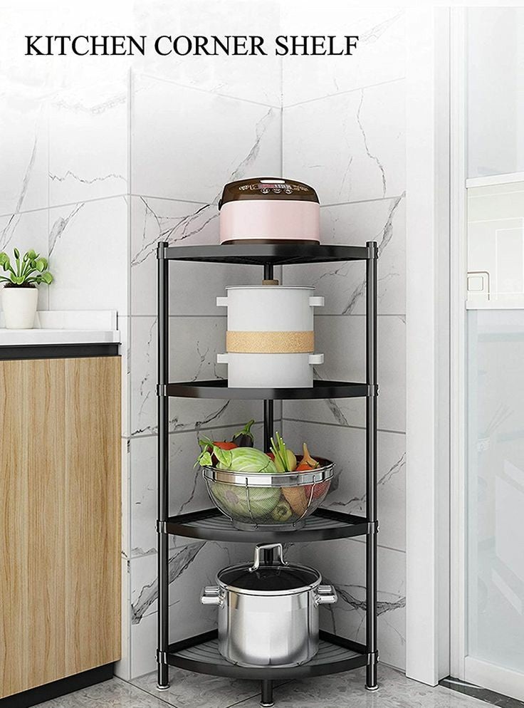 PC Home Decor | Kitchen Corner 4 Shelf Stand with Glass Bottom, Black