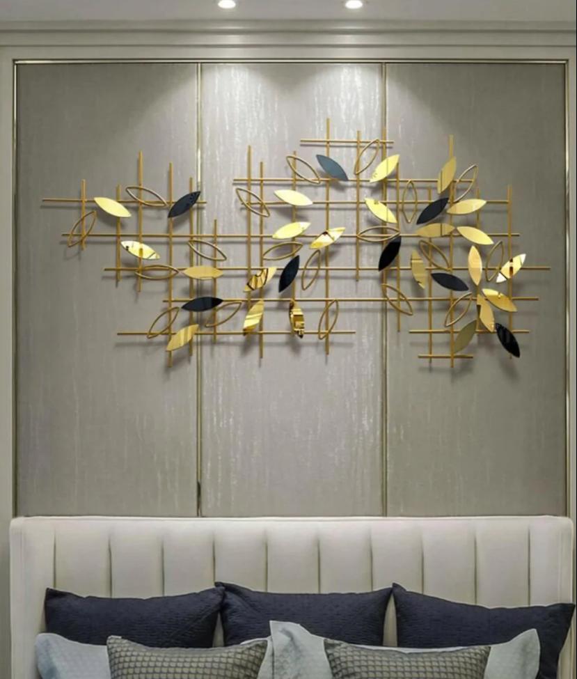 Luxury Wall Sculpture Metallic Golden Leaves On Mesh Wall Decor